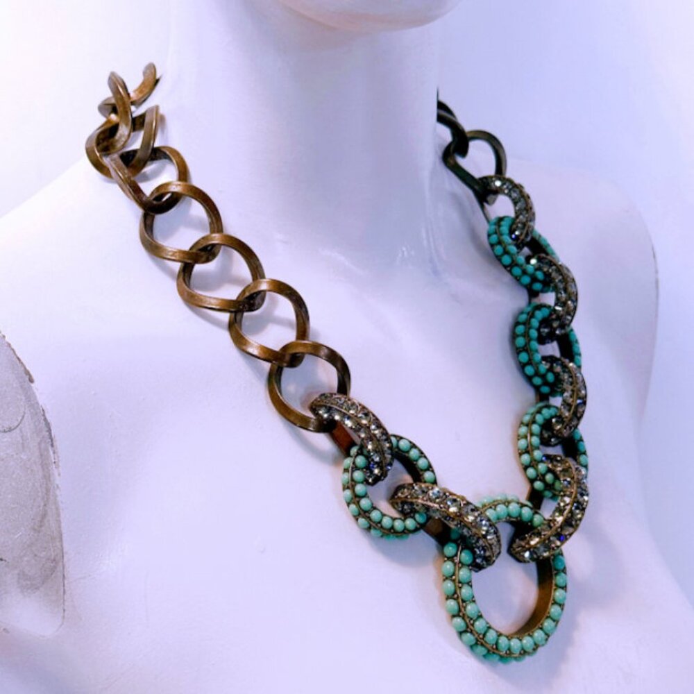 Vintage LANVIN Turquoise Beaded & Crystal Embellished Jeweled Collar Necklace